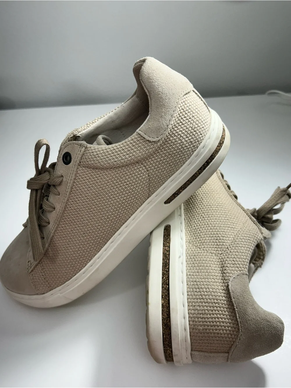 Birkenstock Low Bend Beige Canvas & Suede Lace Up Cork Midsole Sneakers Size 7 - Picture 10 of 14